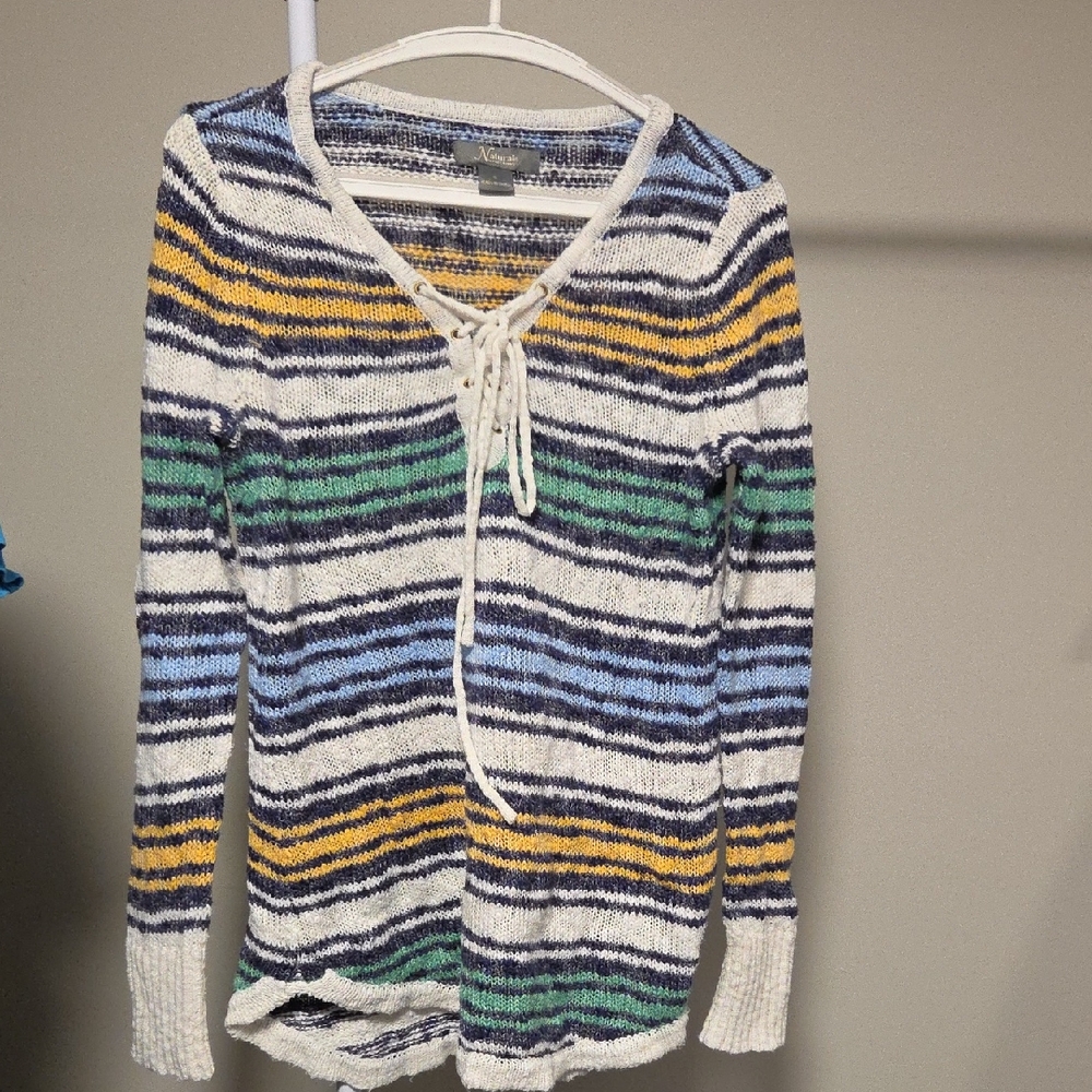 Natural Reflections Striped Lace-Up Sweater Size S